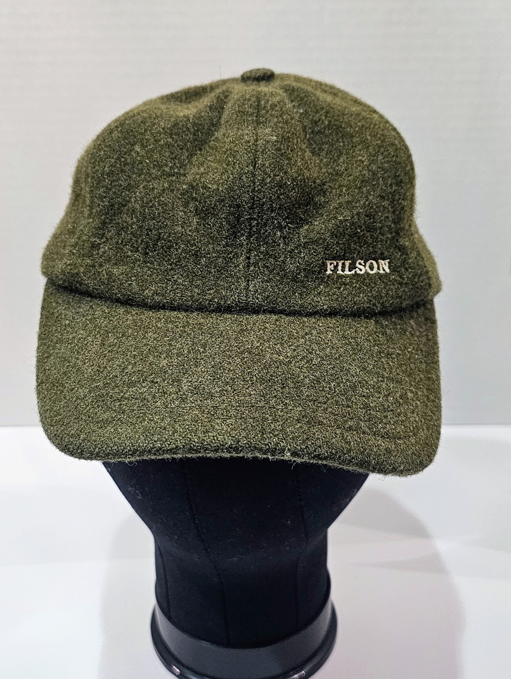 Filson Wool Cap Green Hat 100% Virgin Wool Made in USA Adjustable Leather Strap